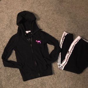 PINK black, pink embroidered hooded sweatshirt.